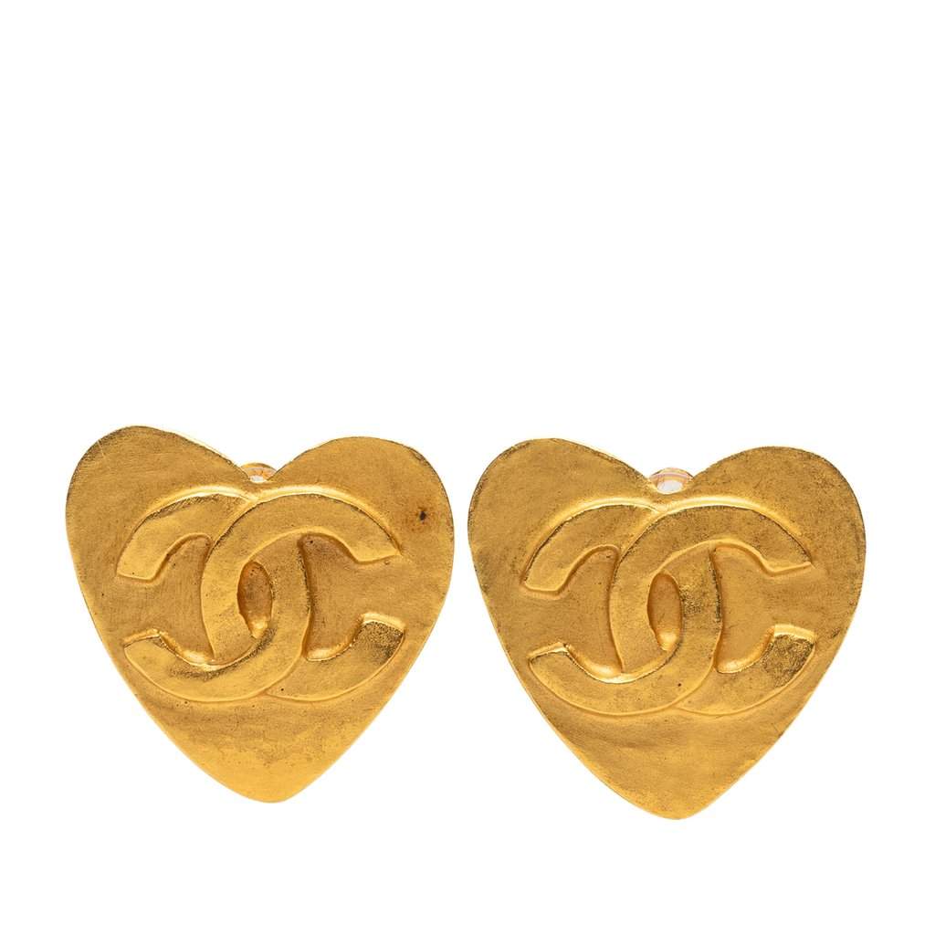 Chanel CC Gold Plated Heart Clip On Earrings Gold Metal Very good - Front View