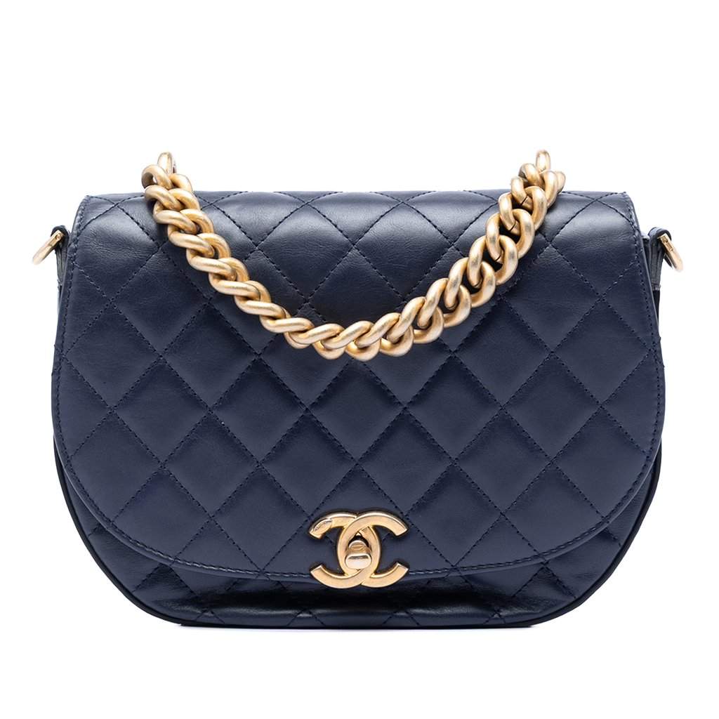 Chanel CC Quilted Lambskin Chain Handle Half Moon Flap Blue Leather Very good condition - Front View
