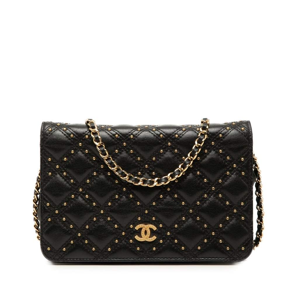 Chanel CC Lambskin Studded Diamond Stitch Wallet On Chain Black Leather Very good condition - Front View