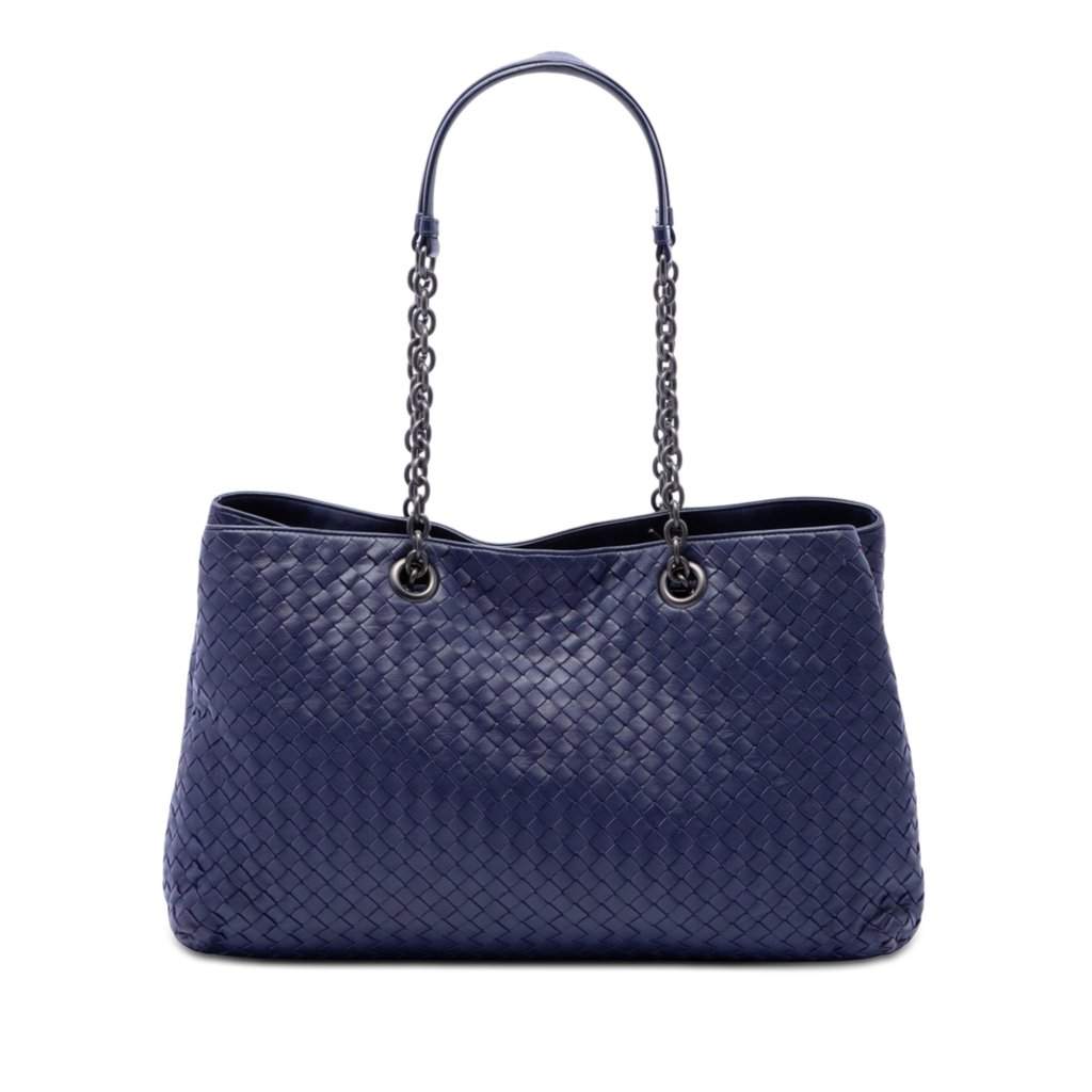 Bottega Veneta Large Nappa Intrecciato Double Chain Tote Blue Leather Very good condition - Front View