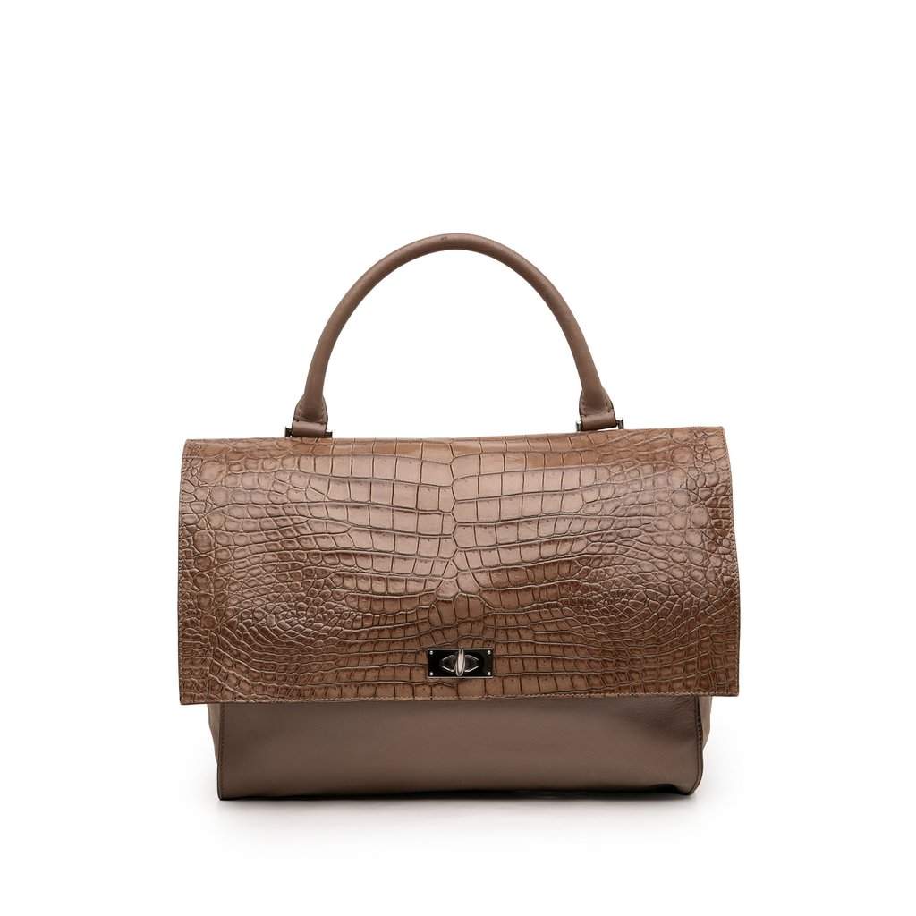 Givenchy Medium Croc Embossed Calfskin Shark Lock Satchel Brown Leather Very good condition - Front View