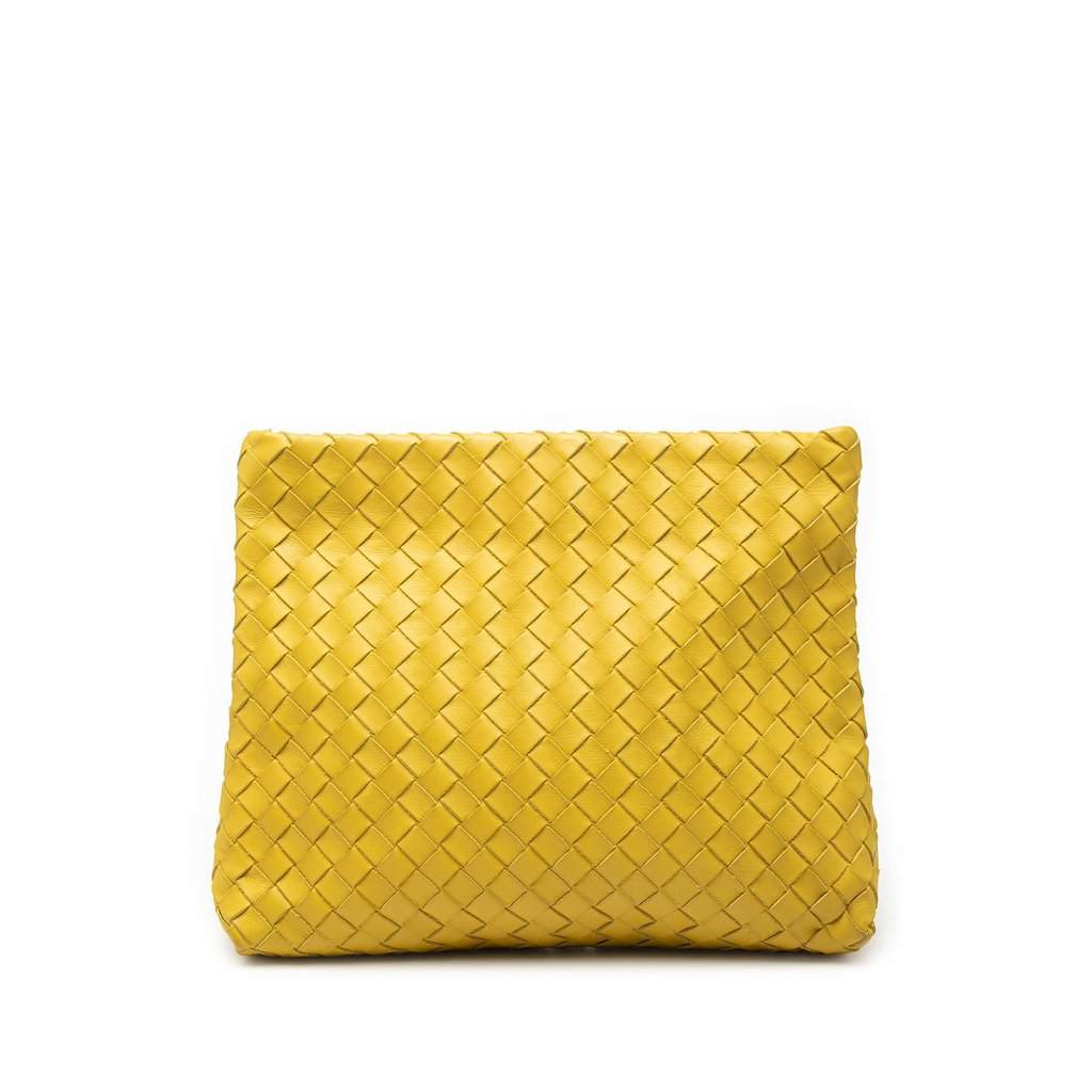 Bottega Veneta Nappa Intrecciato Fold Over Clutch Yellow Leather Very good - Front View