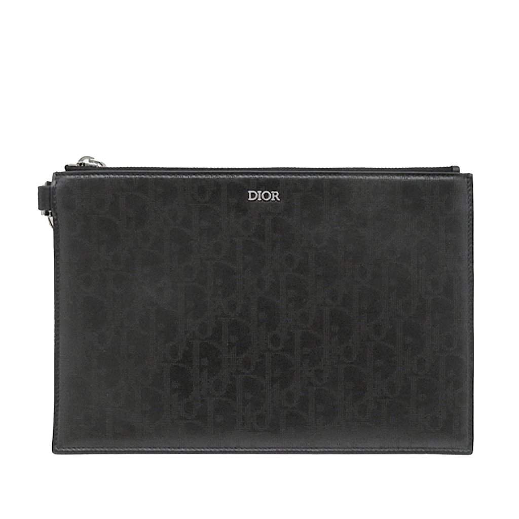 Dior Oblique Perforated Calfskin Galaxy Wristlet Clutch Black Leather Very good - Front View