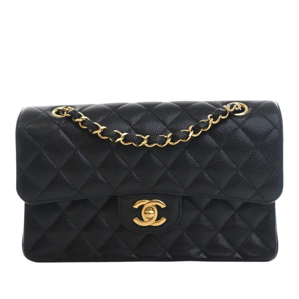 Chanel Small Classic Caviar Double Flap Black Leather Very good - Front View