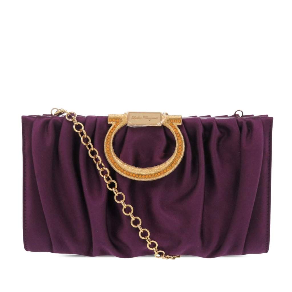 Salvatore Ferragamo Satin Gancini Clutch with Chain Purple Very good condition - Front View