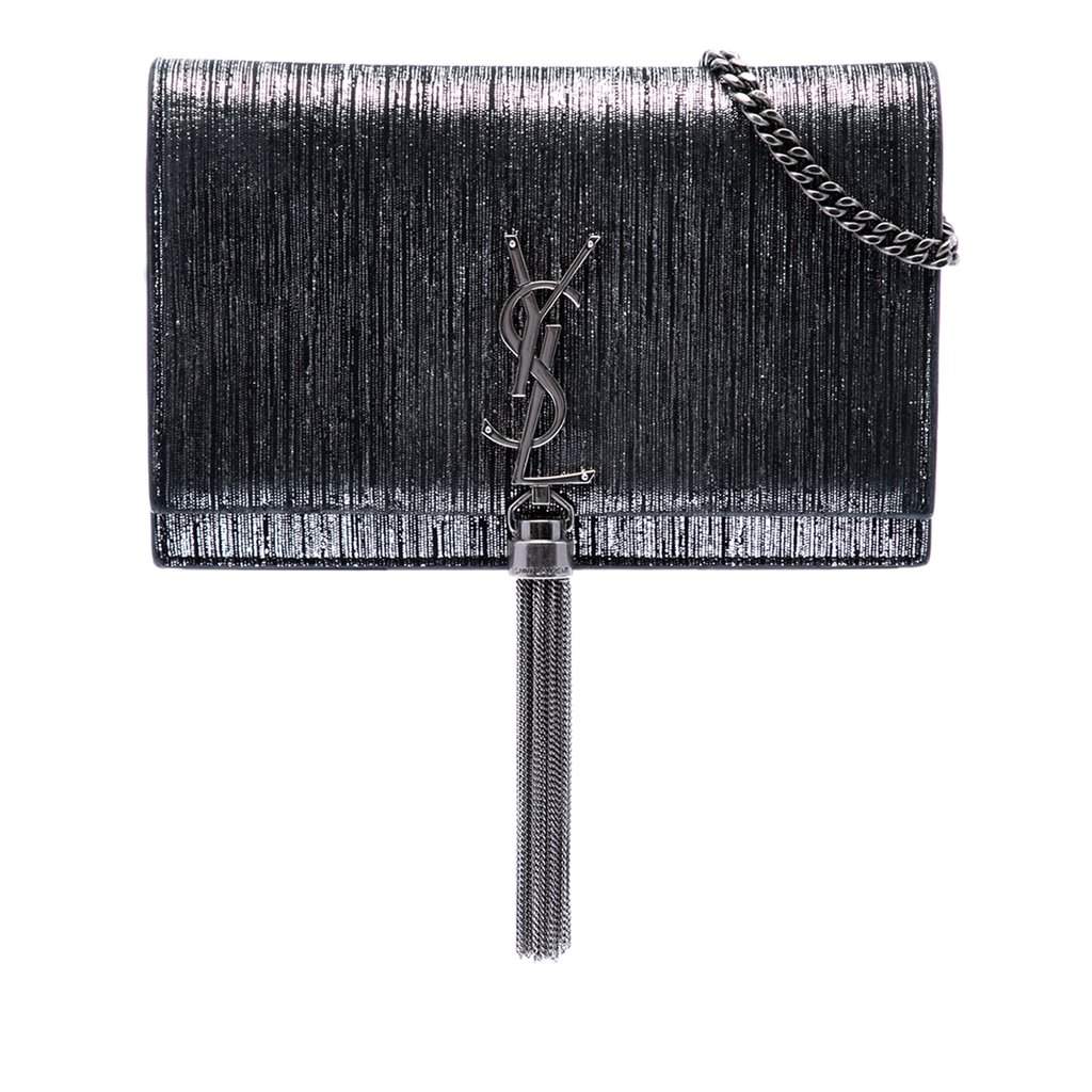 Saint Laurent Metallic Suede Monogram Kate Tassel Wallet on Chain Silver Leather Very good condition - Front View