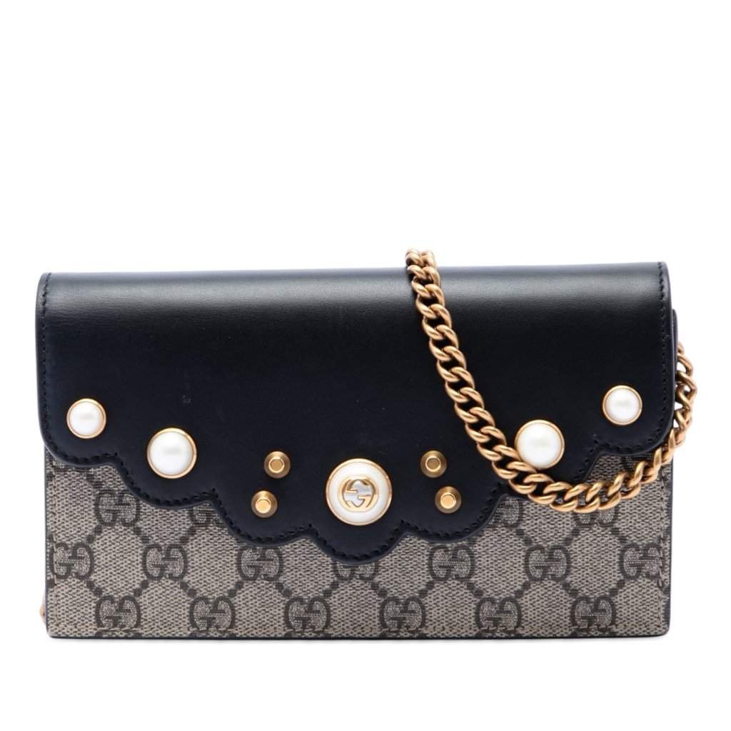 Gucci GG Supreme Peony Pearly Wallet On Chain Beige Very good - Front View