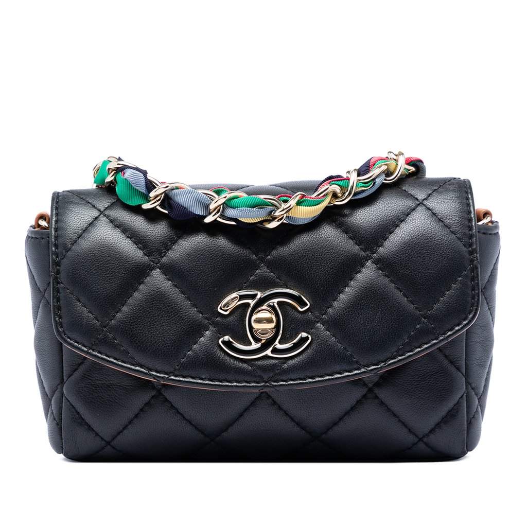 Chanel Mini Quilted Lambskin Cocovado Ribbon Chain Flap Black Leather Very good condition - Front View