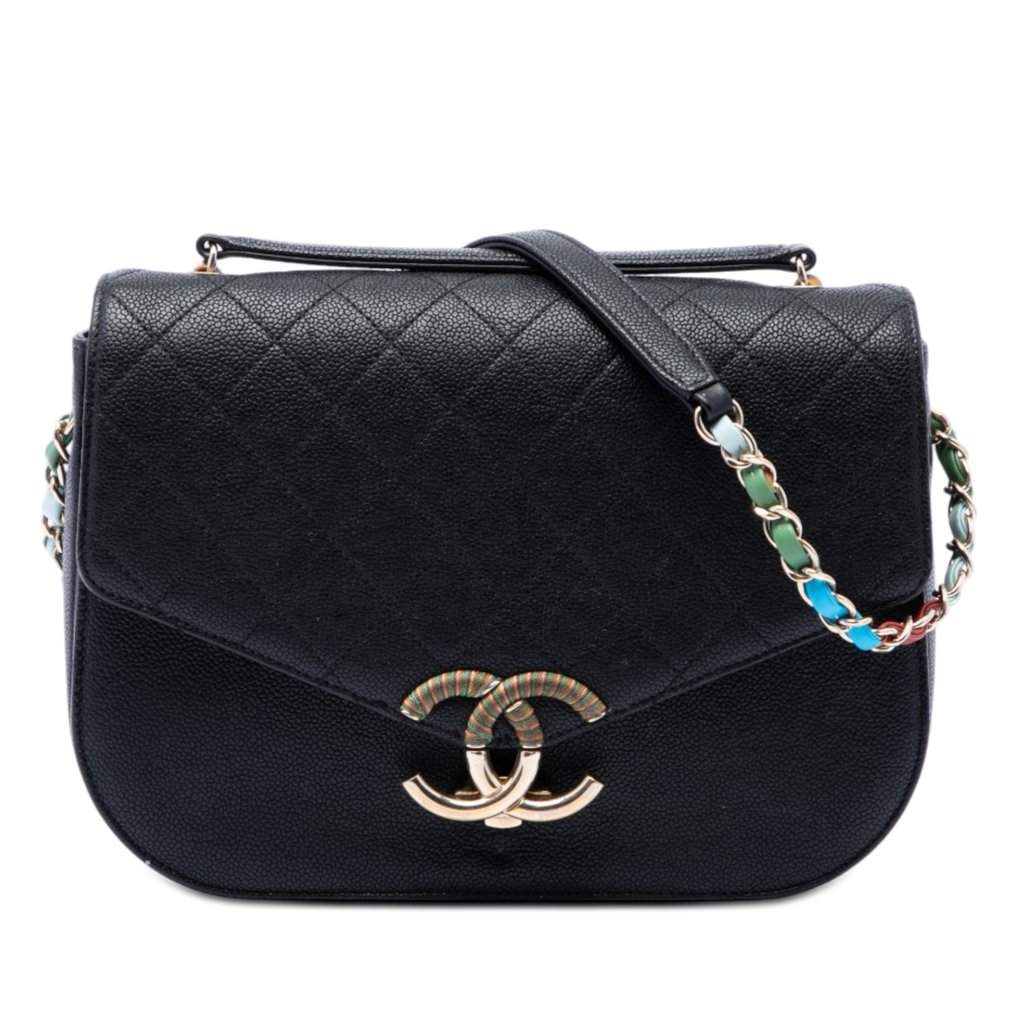 Chanel Paris Cuba Medium Quilted Caviar Thread Around Flap Black Leather Very good condition - Front View
