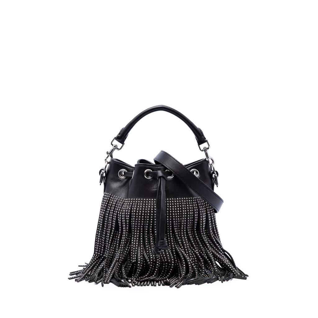 Saint Laurent Small Studded Calfskin Emmanuelle Fringe Bucket Bag Black Leather Very good - Front View