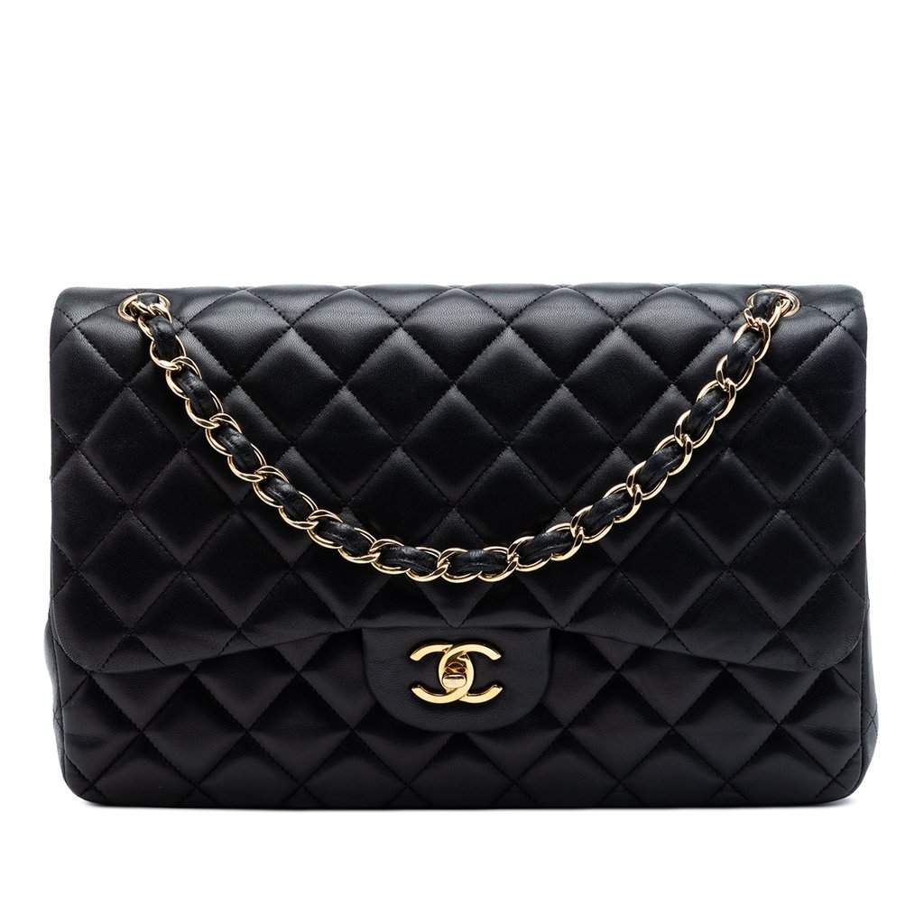 Chanel Jumbo Classic Lambskin Double Flap Black Leather Very good condition - Front View