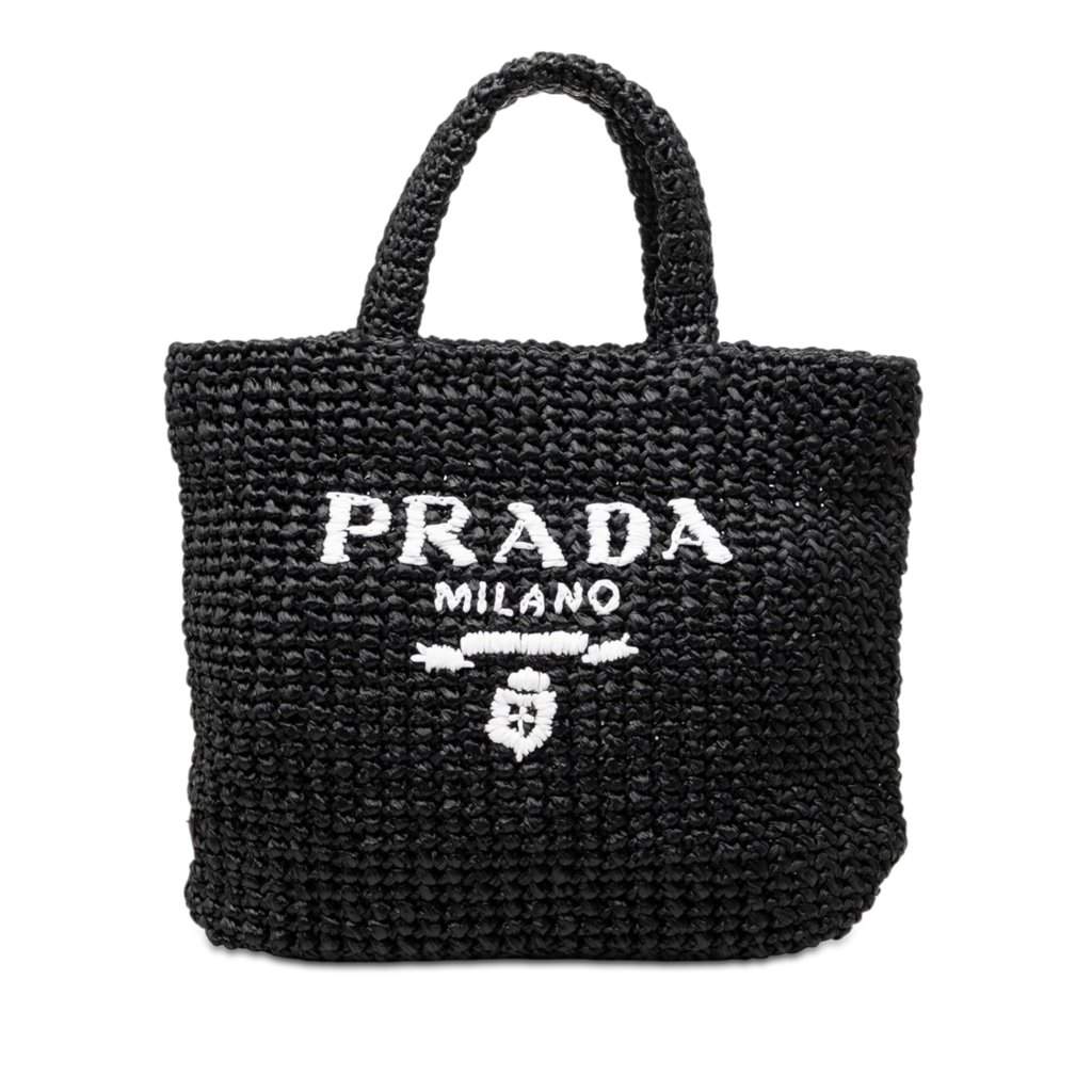 Prada Small Raffia Effect Crochet Embroidered Logo Tote Black Very good - Front View