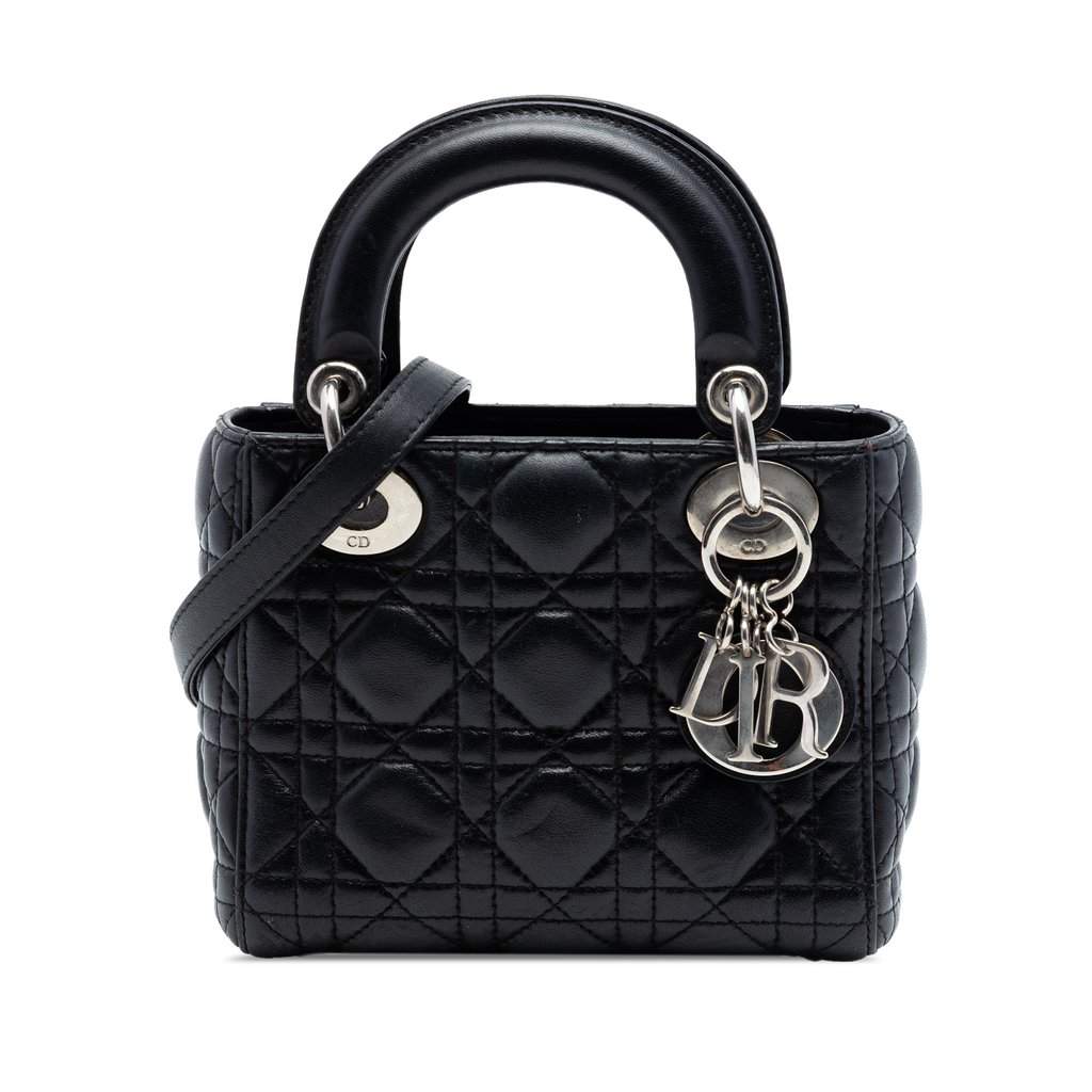 Dior Mini Lambskin Cannage Lady Dior Black Leather Very good condition - Front View