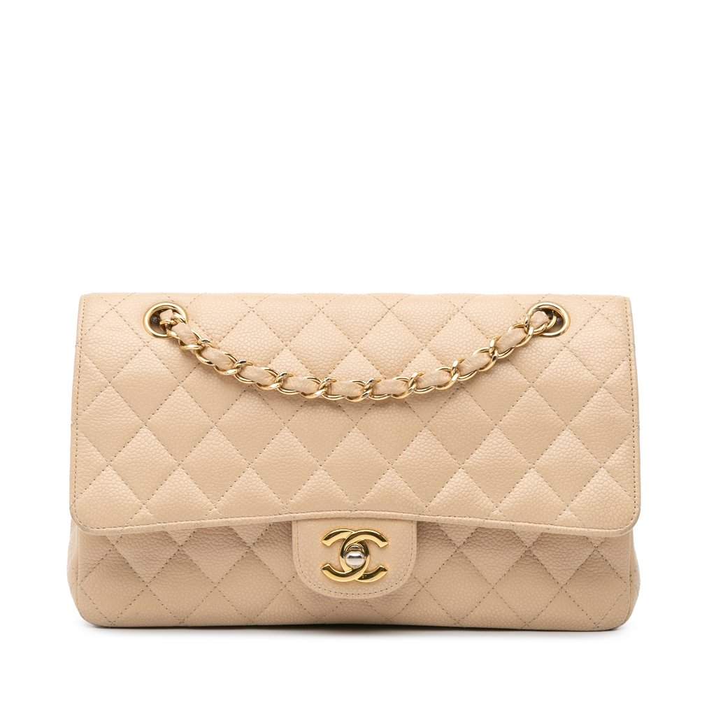 Chanel Medium Classic Caviar Double Flap Beige Leather Very good condition - Front View