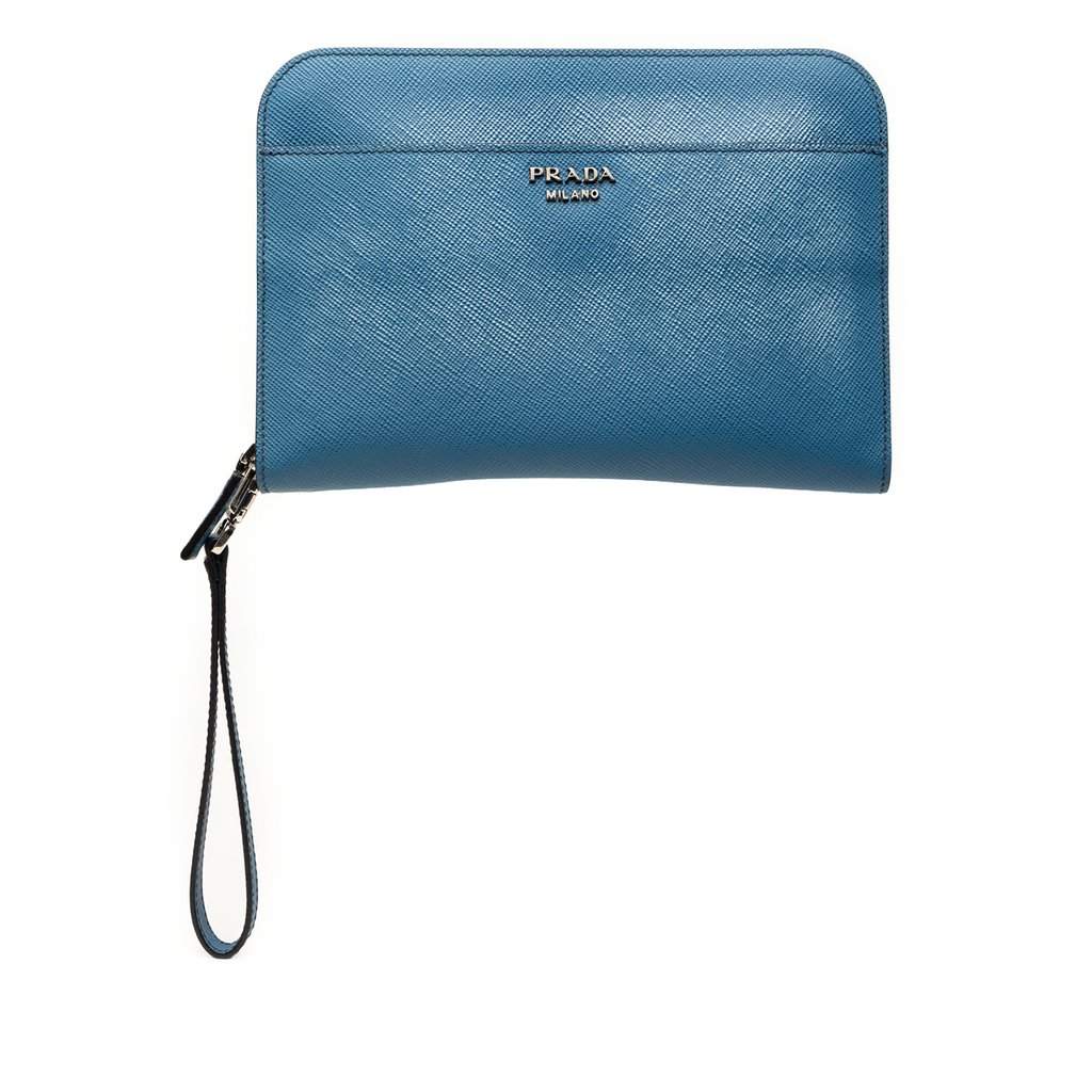 Prada Saffiano Clutch Blue Leather Very good - Front View