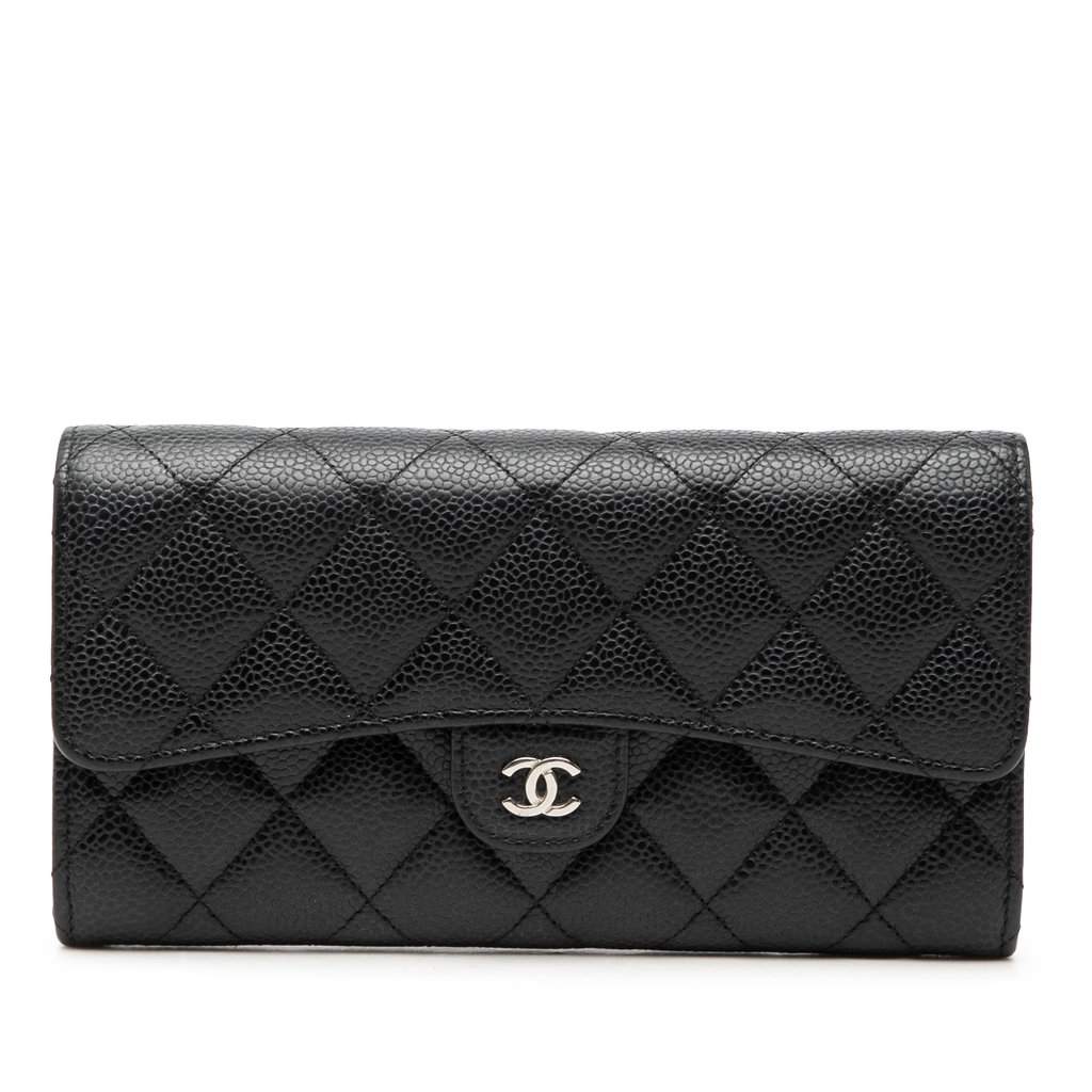Chanel CC Quilted Caviar Classic Flap Wallet Black Leather Very good - Front View
