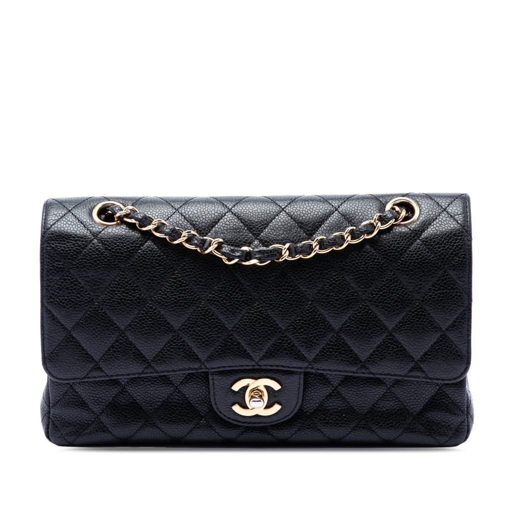 Chanel Medium Classic Caviar Double Flap Black Leather Very good - Front View