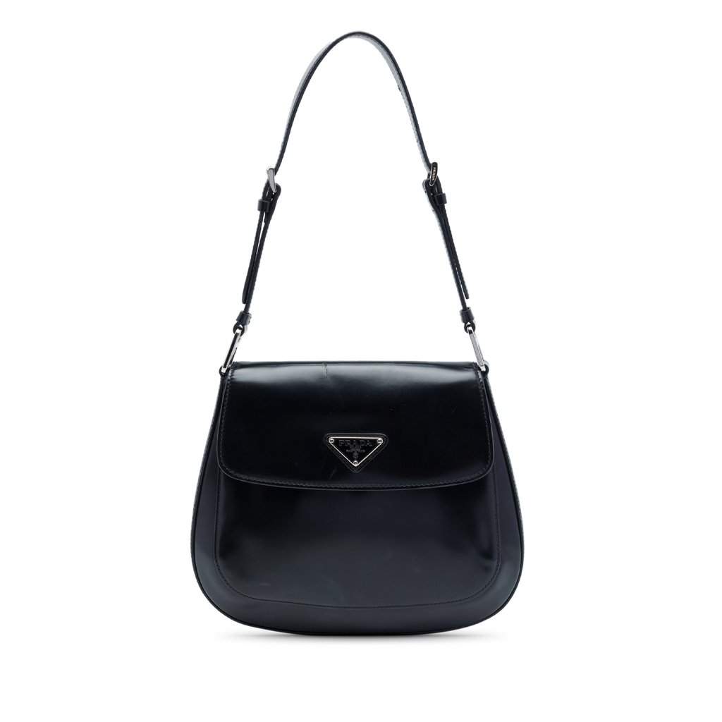 Prada Spazzolato Leather Cleo Flap Shoulder Bag Black Leather Very good condition - Front View