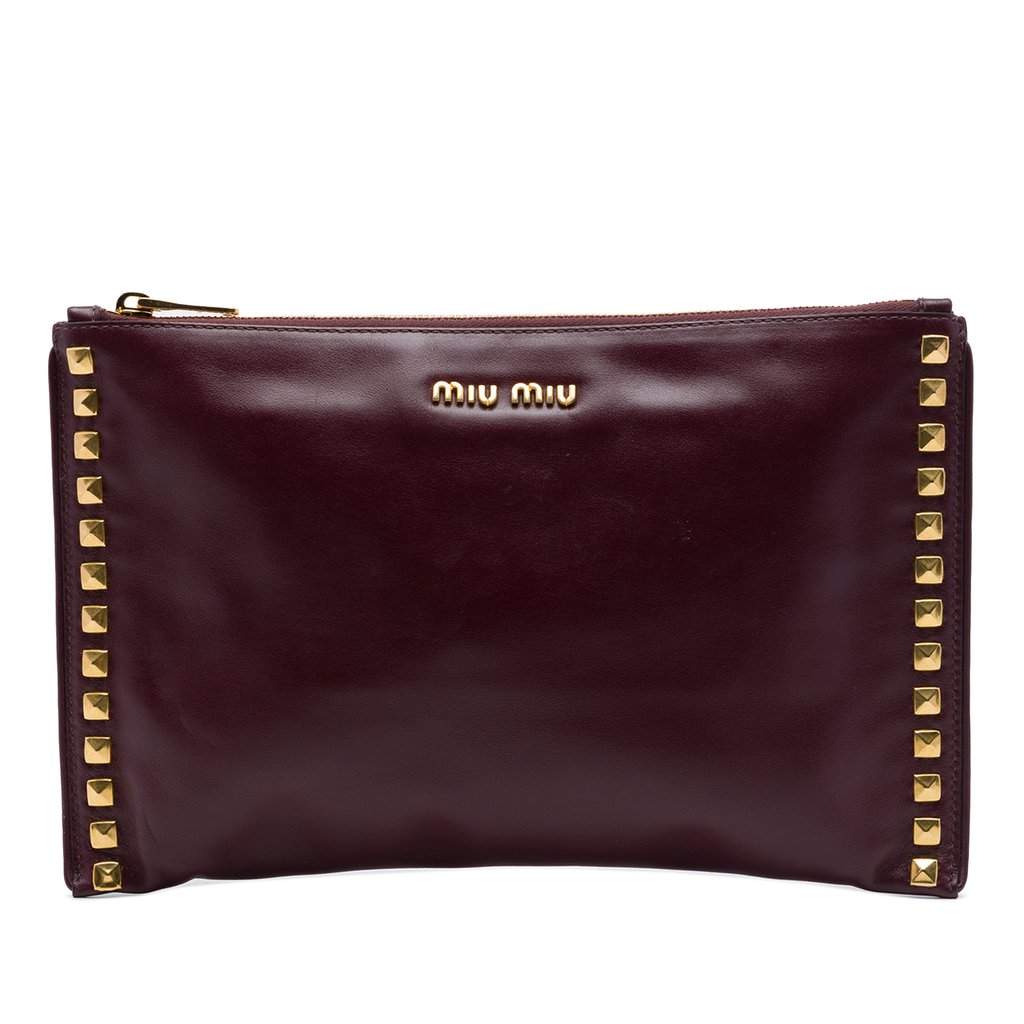 Miu Miu Studded Leather Zip Clutch Red Leather Very good - Front View