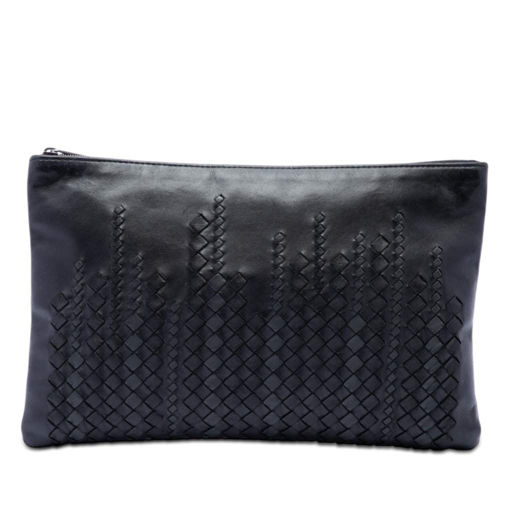 Bottega Veneta Intrecciato Trimmed Leather Clutch Black Leather Very good condition - Front View