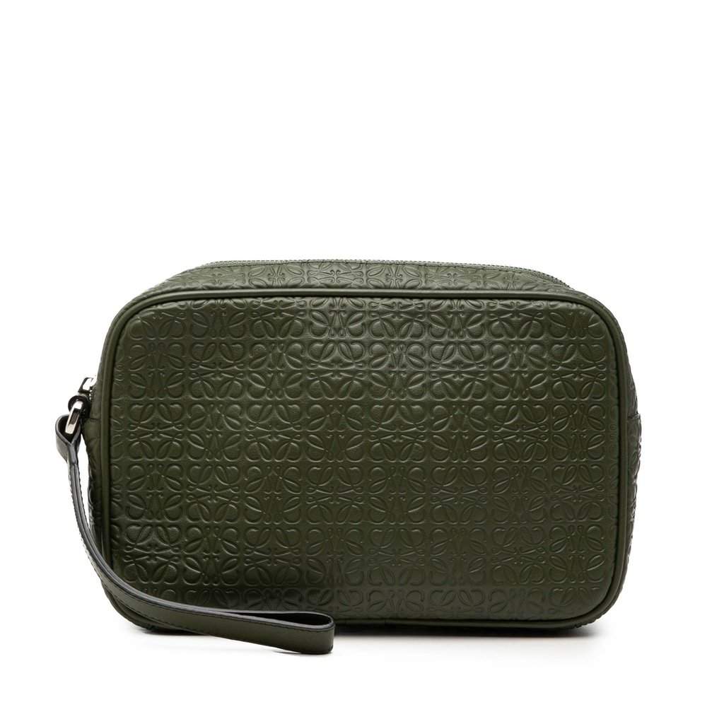 Loewe Embossed Anagram Leather Wristlet Pouch Green Leather Very good condition - Front View