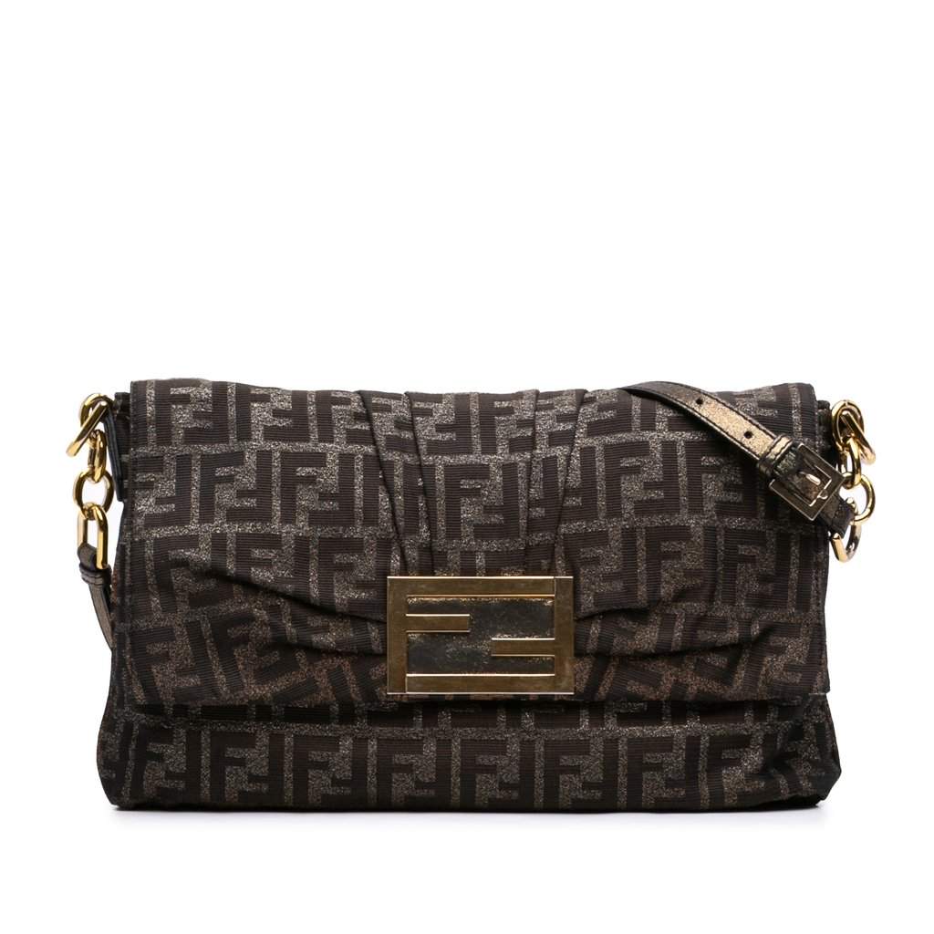 Fendi Large Zucca Canvas Glitter Mia Flap Shoulder Bag Brown Very good condition - Front View