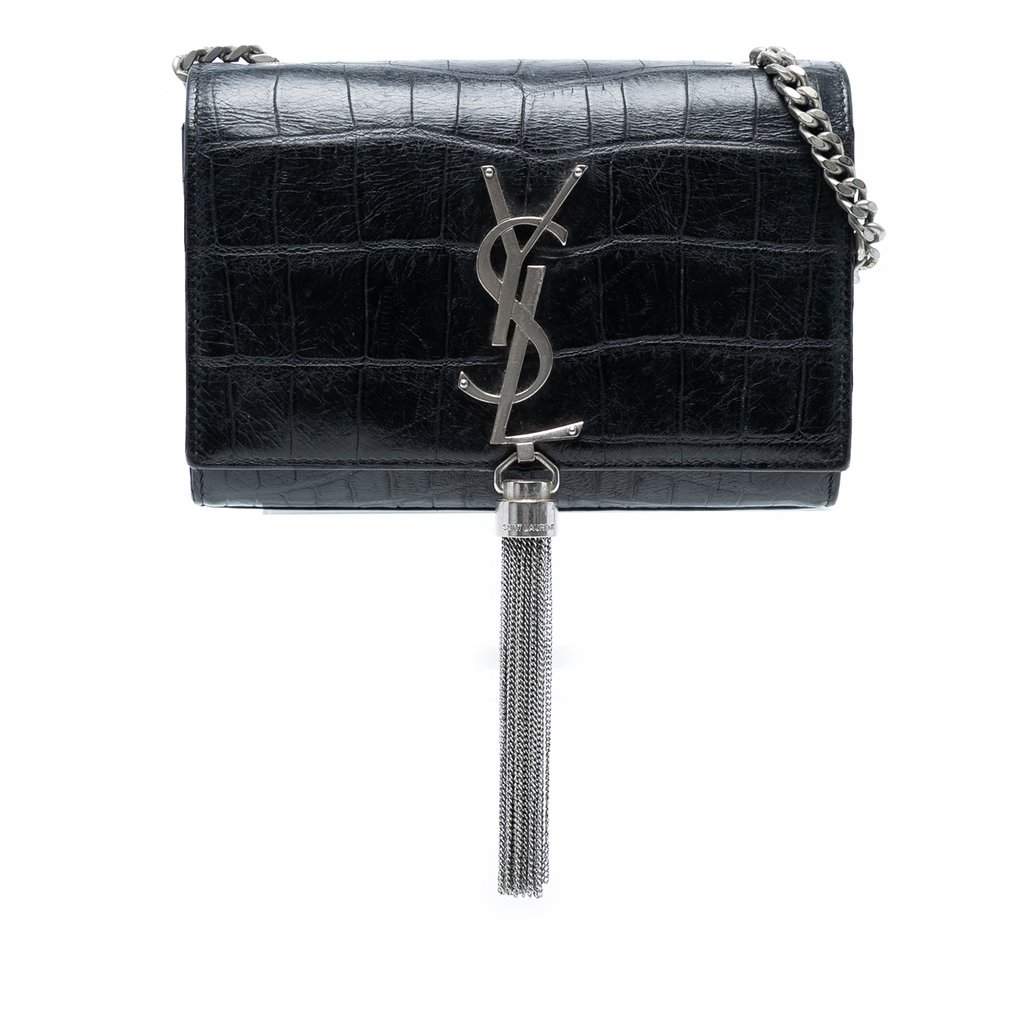 Saint Laurent Small Croc Embossed Leather Monogram Kate Tassel Crossbody Black Leather Very good - Front View