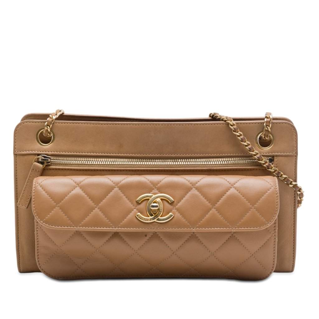 Chanel CC Quilted Lambskin Front Pocket Shoulder Bag Brown Leather Very good condition - Front View