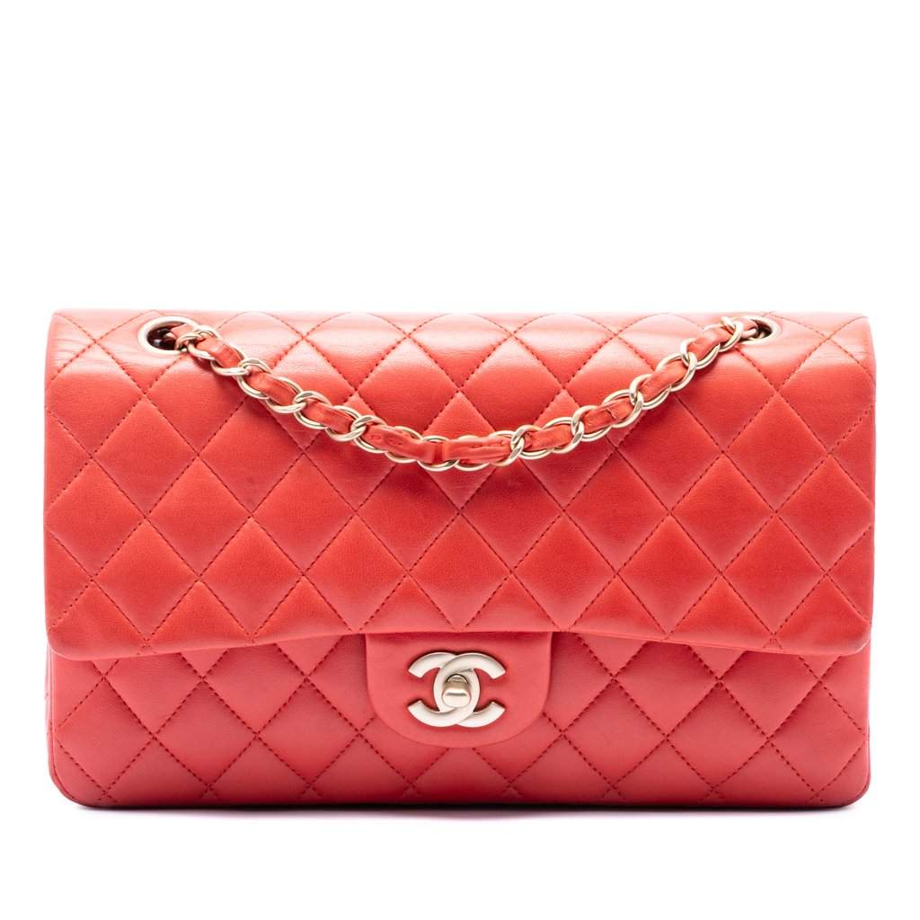 Chanel Medium Classic Lambskin Double Flap Orange Leather Very good condition - Front View