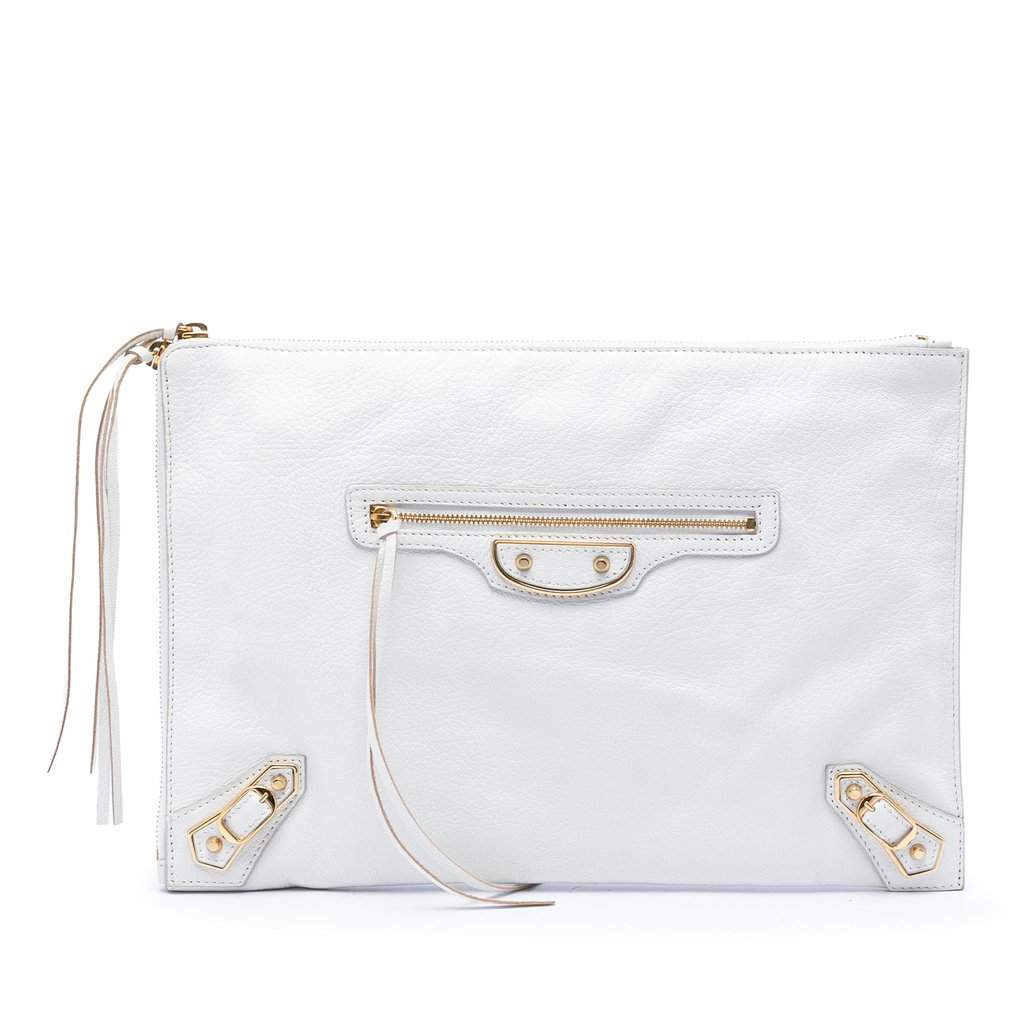Balenciaga Chevre Motocross Classic Metallic Edge Clutch White Leather Very good condition - Front View