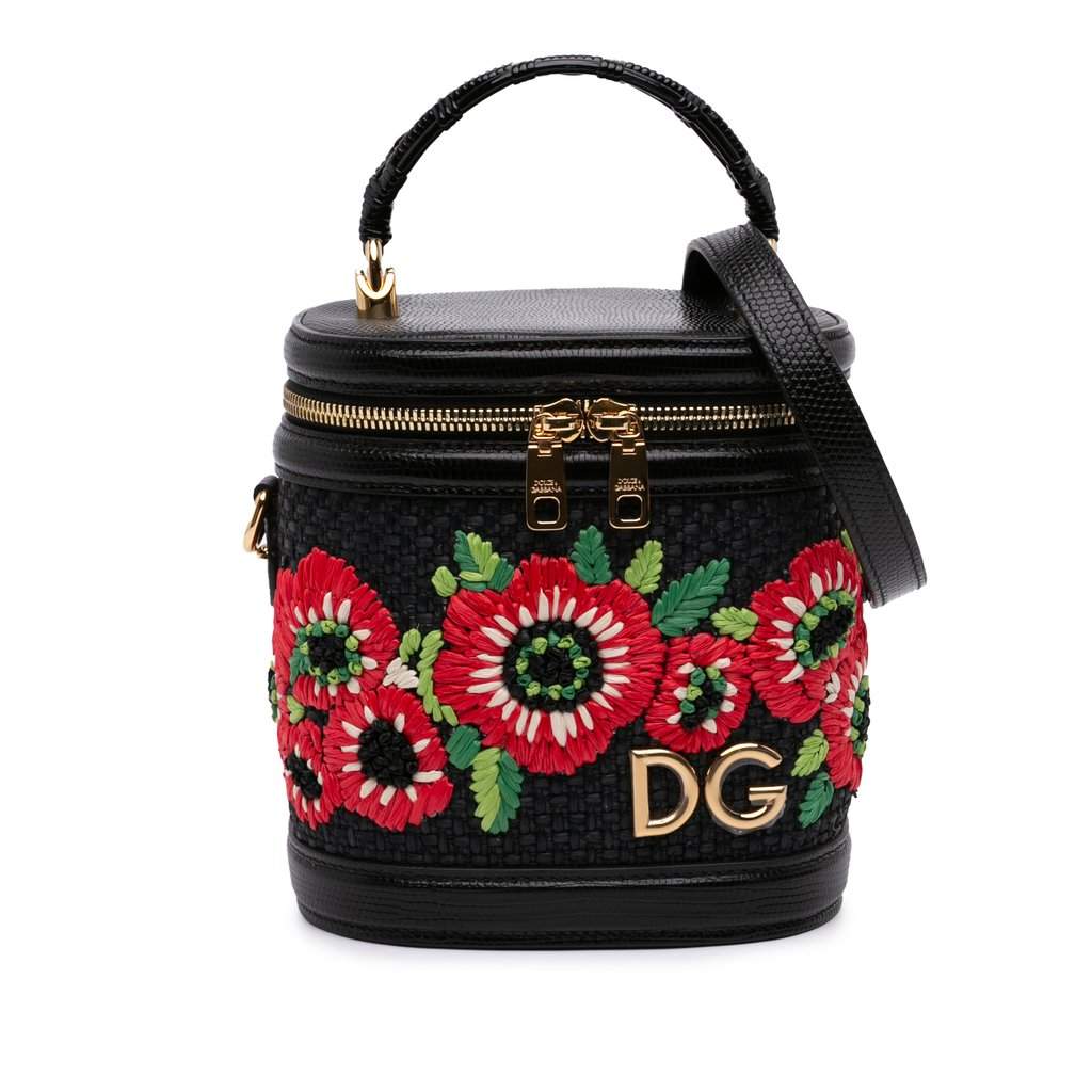Dolce & Gabbana Floral Embroidered Raffia and Lizard Embossed Calfskin DG Girls Vanity Bag Black Very good - Front View