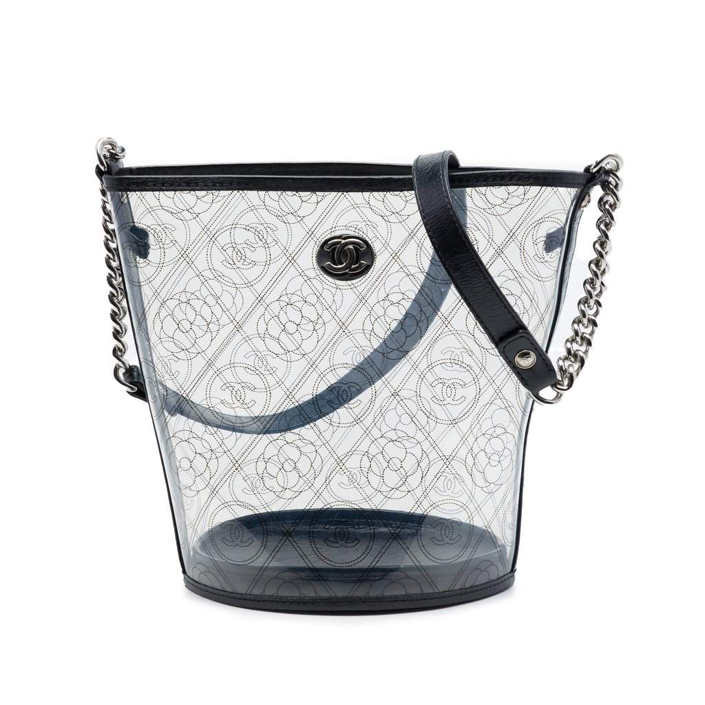 Chanel Medium PVC and Crumpled Calfskin Camellia Coco Bucket Bag Black Plastic Very good - Front View