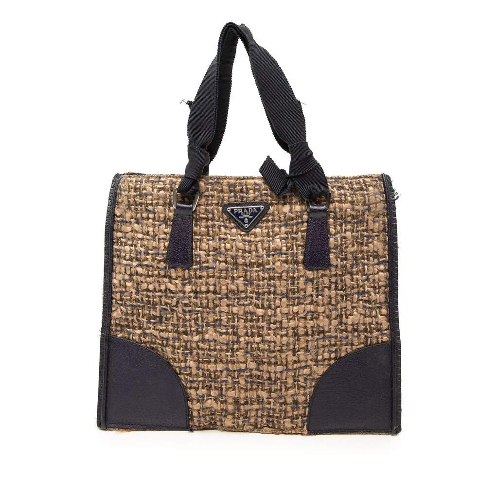 Prada Vitello Trimmed Tweed Flat Handbag Brown Very good condition - Front View