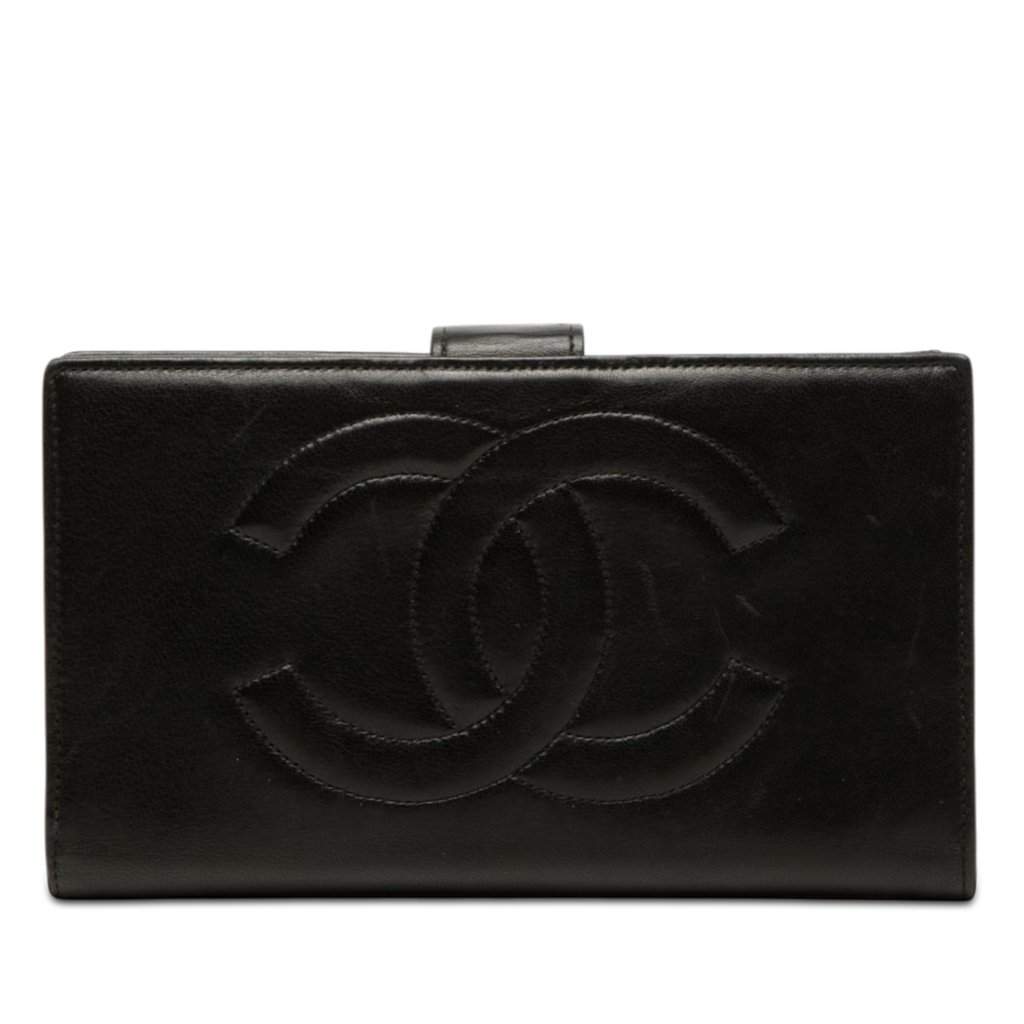 Chanel CC Lambskin Bifold Long Wallet Black Leather Very good condition - Front View