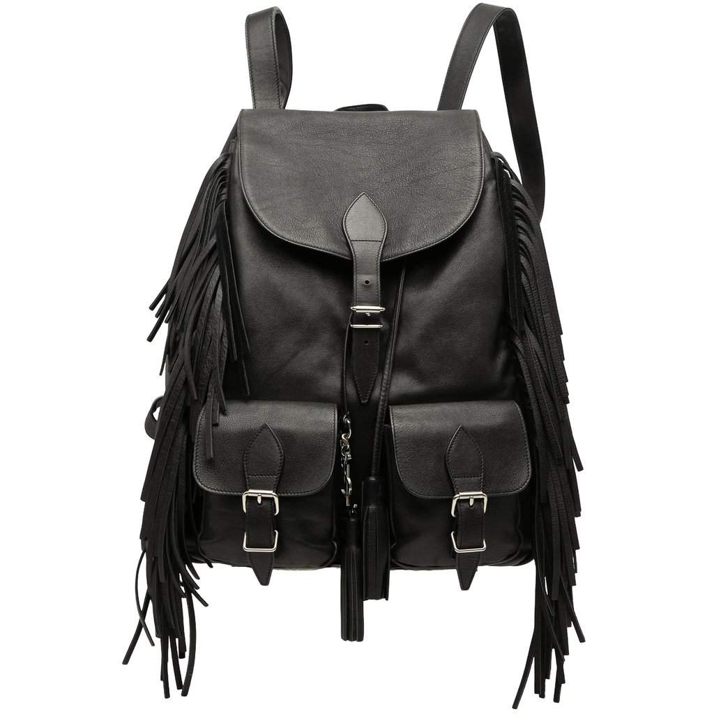 Saint Laurent Calfskin Fringe Festival Backpack Black Leather Good - Front View