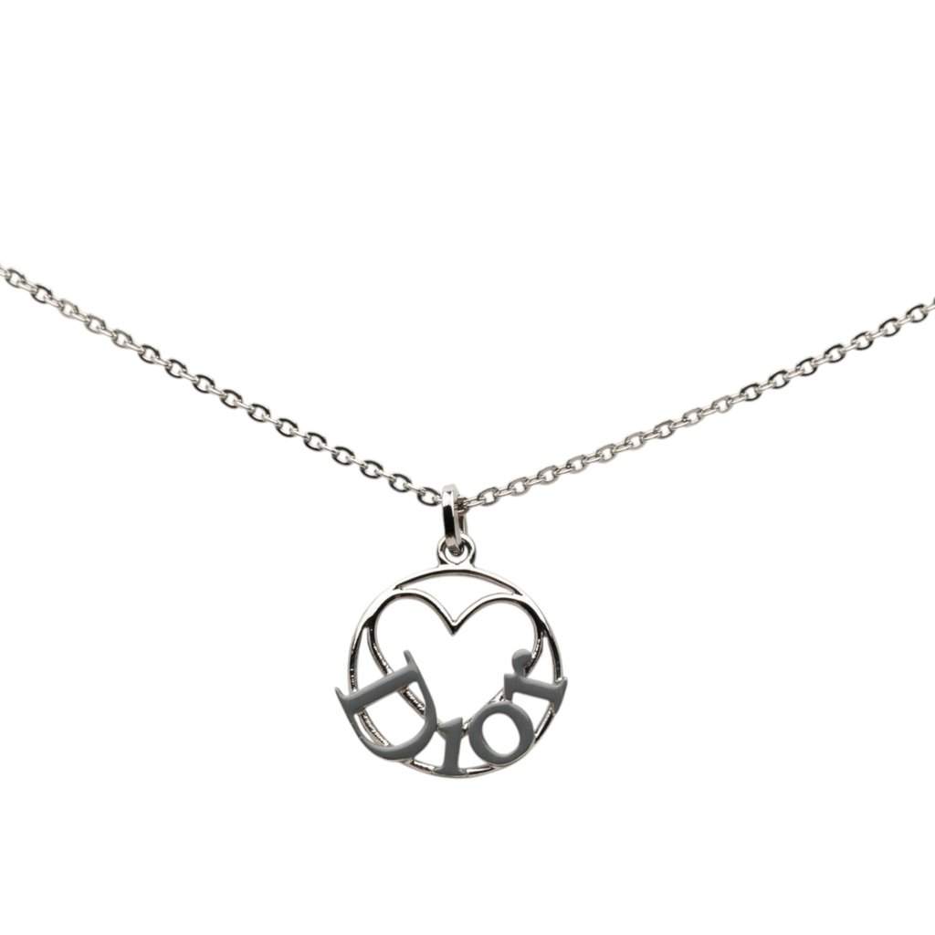 Dior Brass Heart Logo Pendant Necklace Silver Metal Very good condition - Front View