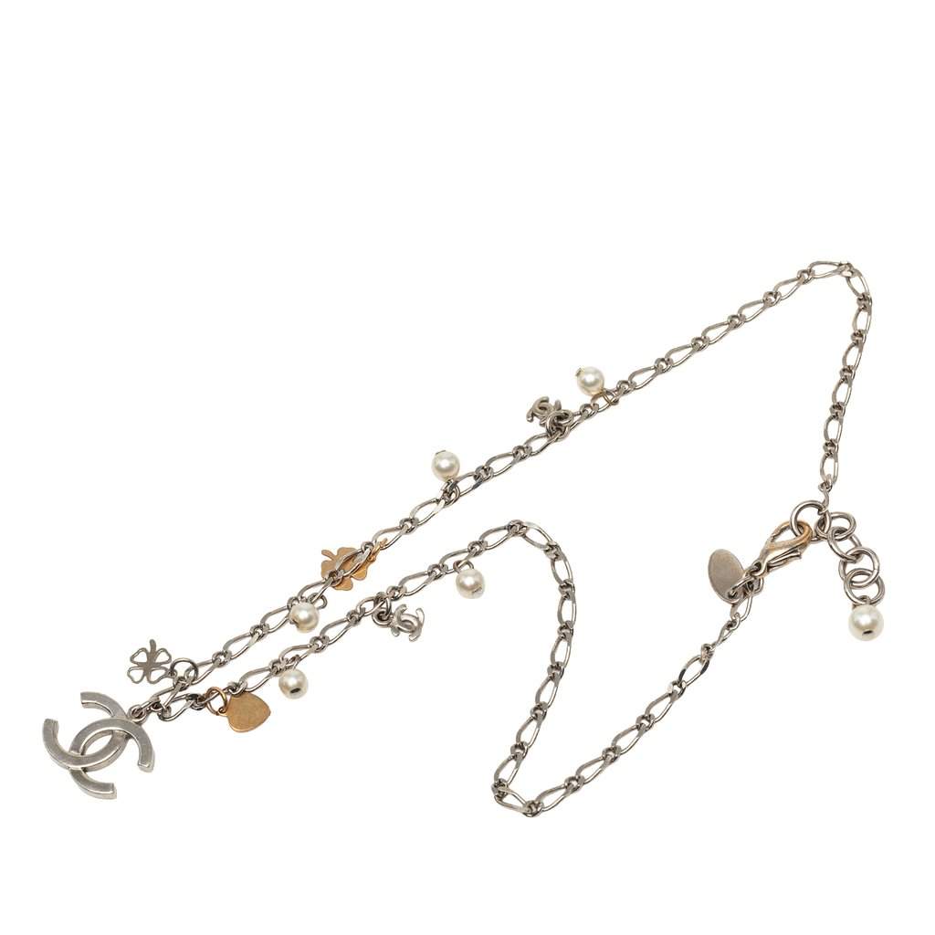 Chanel CC Brass and Gold Plated Faux Pearl Lucky Charm Necklace Silver Metal Very good - Front View
