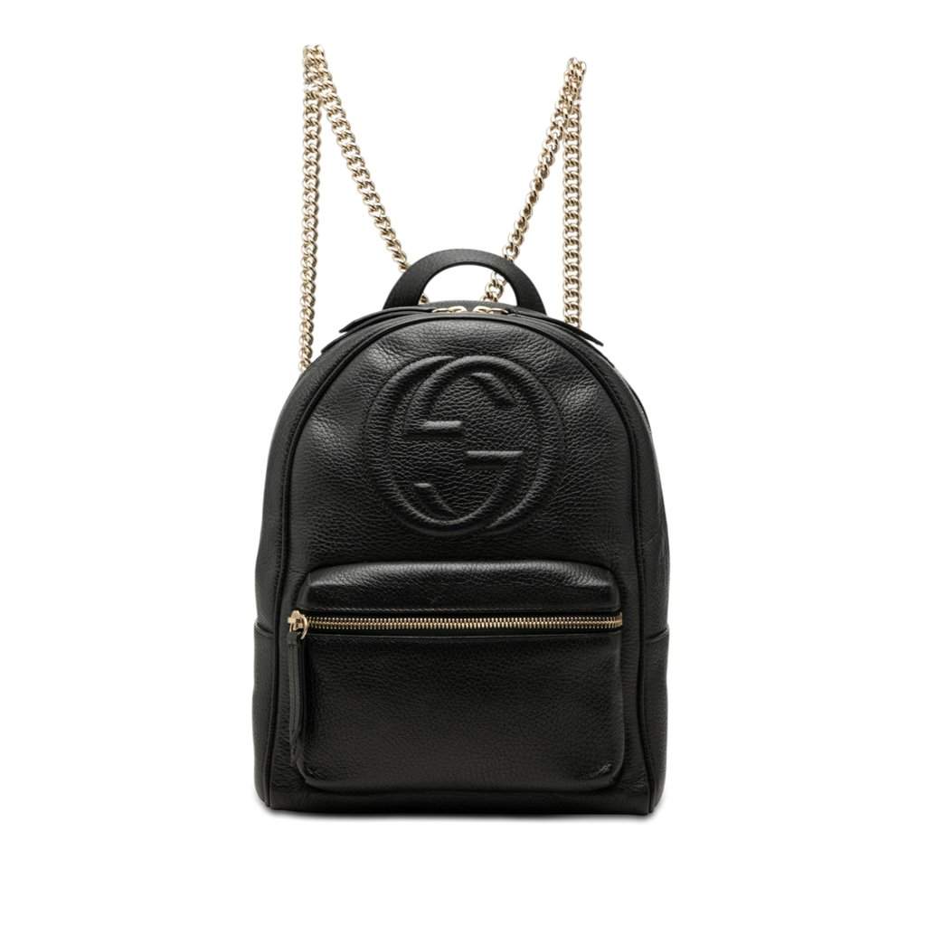 Gucci Pebbled Calfskin Soho Chain Backpack Black Leather Good condition - Front View