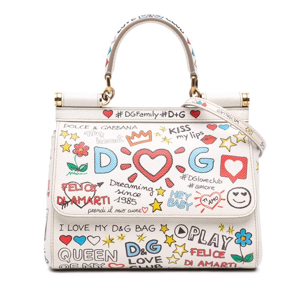 Dolce & Gabbana Small Dauphine Graffiti Printed Leather Miss Sicily Satchel White Leather Very good - Front View
