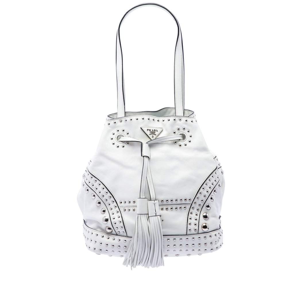 Prada Soft Calf Studded Bucket Bag White Leather Very good condition - Front View