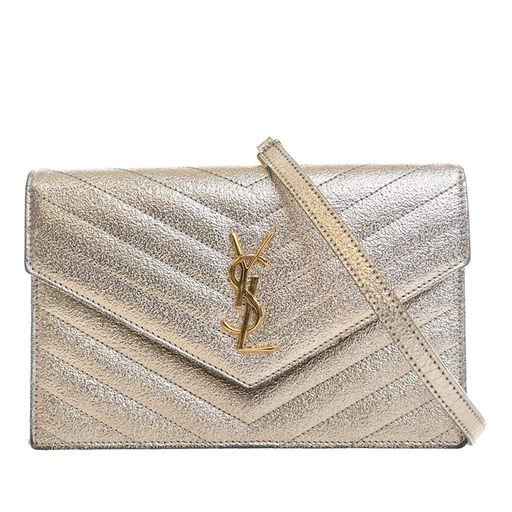 Saint Laurent Metallic Crackled Chevron Calfskin Monogram Envelope Chain Wallet Gold Leather Very good - Front View