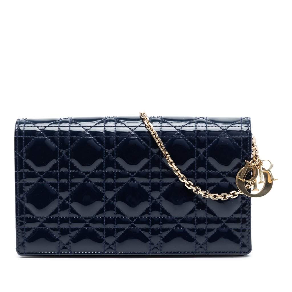 Dior Patent Cannage Lady Dior Pouch with Chain Blue Leather Very good condition - Front View