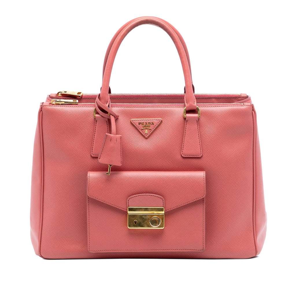 Prada Saffiano Lux Galleria Double Zip Front Pocket Satchel Pink Leather Very good - Front View