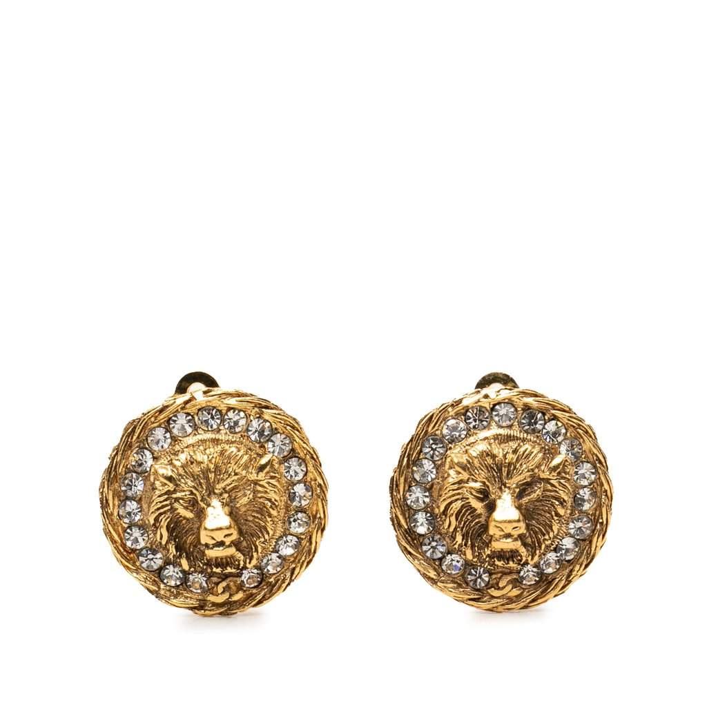 Chanel Gold Plated Strass Lion Head Clip On Earrings Gold Metal Very good - Front View
