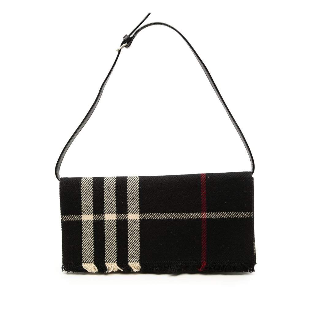 Burberry Exploded Check Wool Fringe Shoulder Bag Black Very good condition - Front View