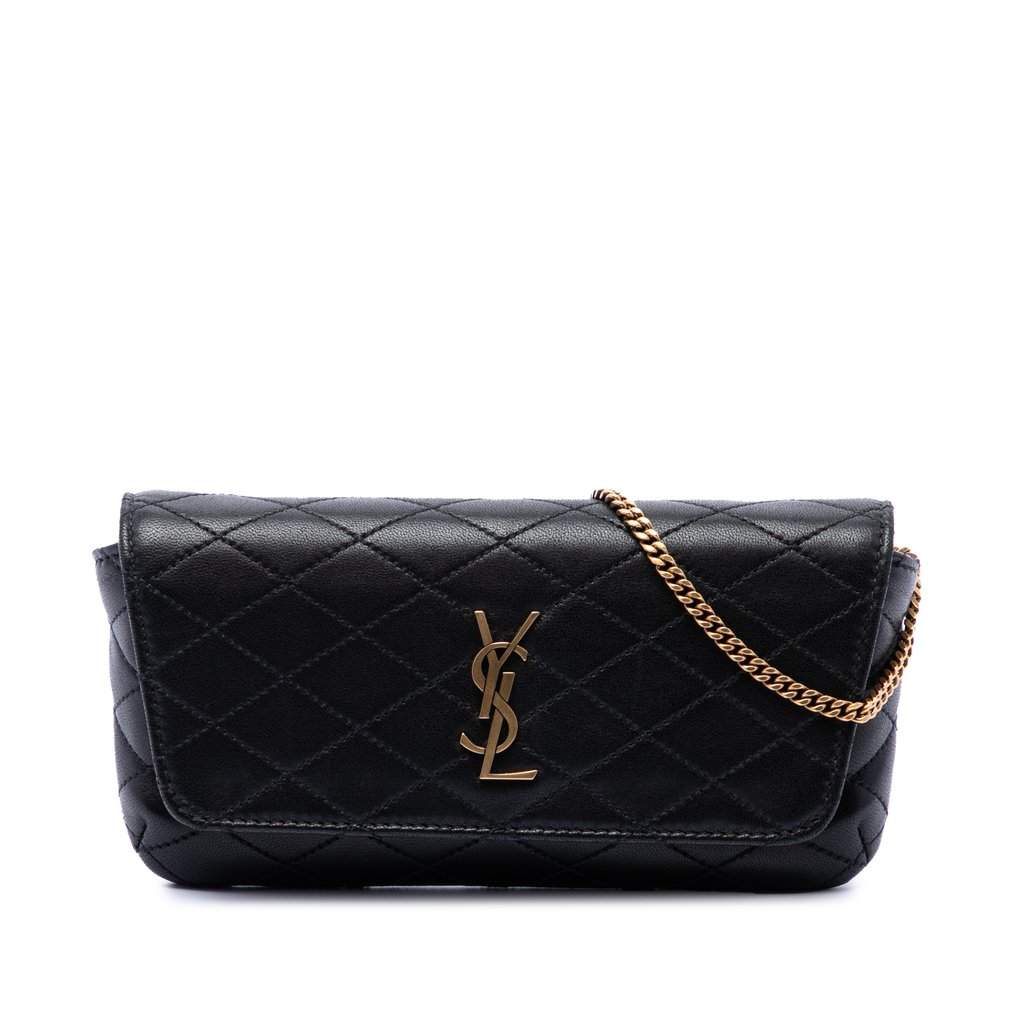 Saint Laurent Quilted Lambskin Monogram Gaby Phone Holder Crossbody Black Leather Very good - Front View