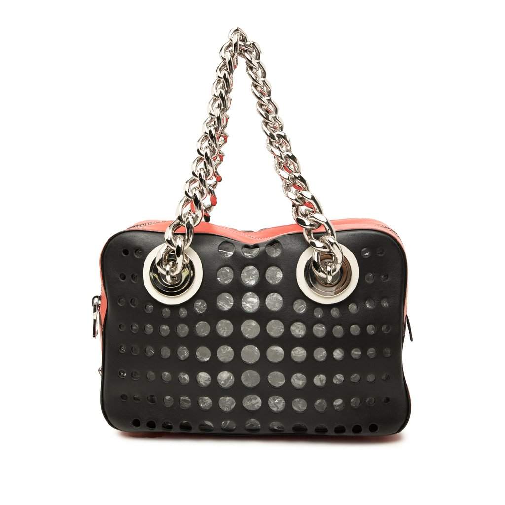 Prada Perforated Leather City Fori Chain Handbag Black Leather Very good - Front View