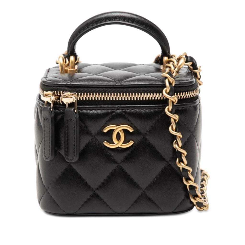 Chanel Mini Quilted Lambskin Top Handle Vanity Case With Chain Black Leather Very good - Front View