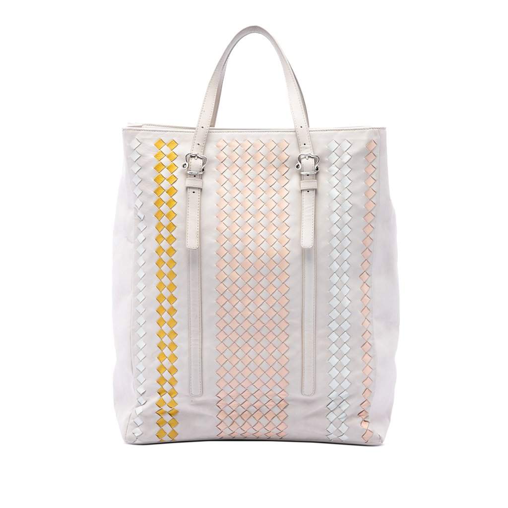Bottega Veneta Intrecciato Trimmed Nappa Belted Tote White Leather Very good condition - Front View