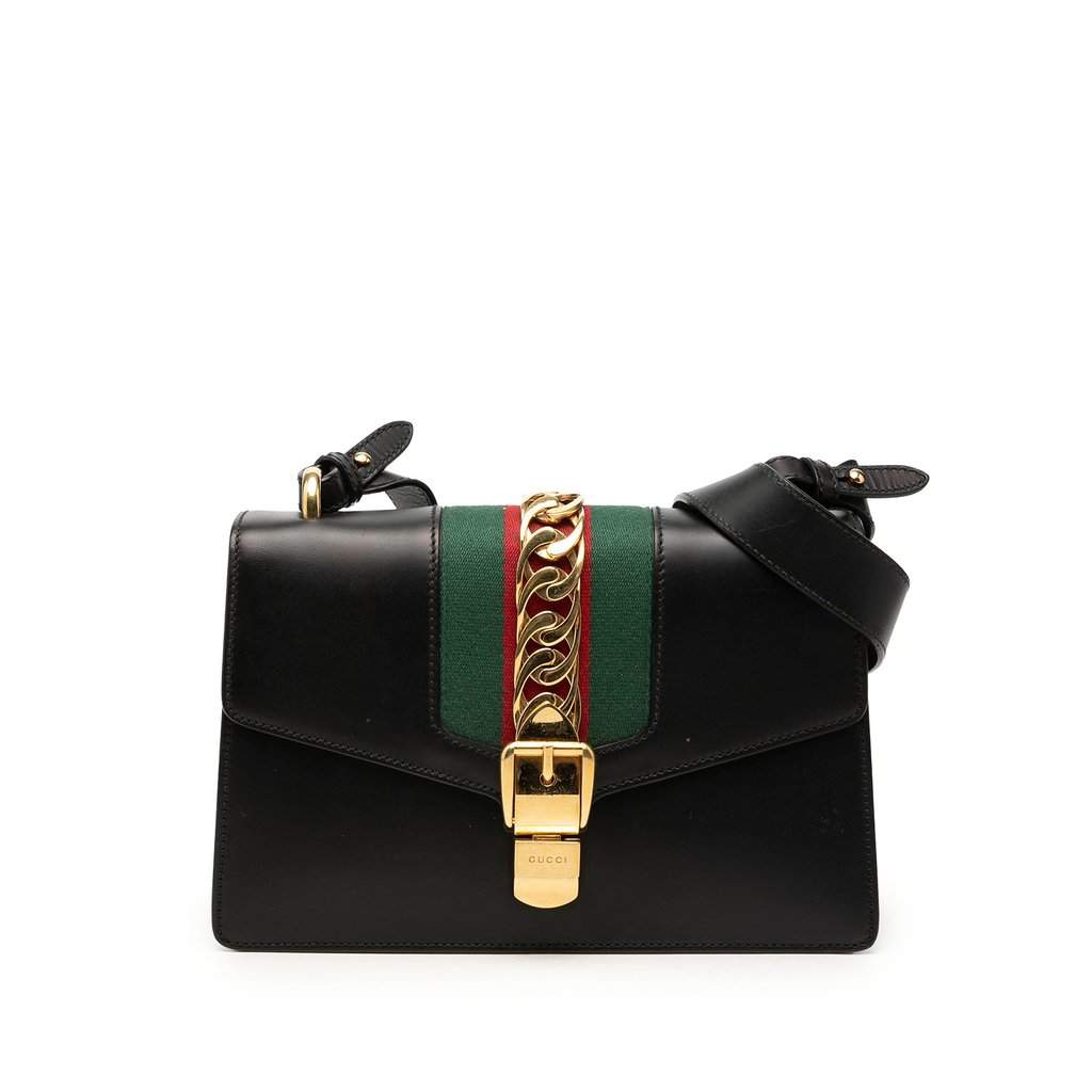 Gucci Small Calfskin Web Sylvie Satchel Black Leather Very good - Front View
